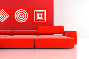 interior in red tones with a sofa and ornaments on wall