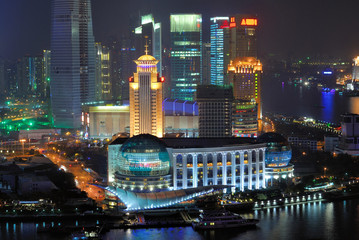 Naklejka premium China Shanghai Pudong buildings aerial night view.