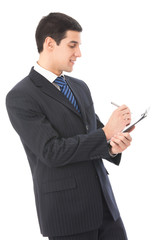 Photo of happy businessman writing, isolated on white