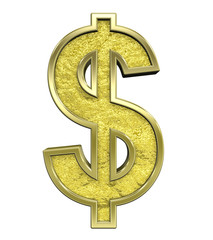 Dollar sign from gold cast alphabet set, isolated on white.
