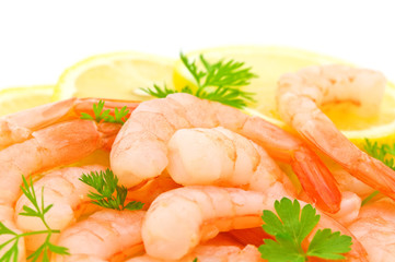 parsley,lemon and shrimps on white background