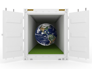 Earth on white cargo container with grass