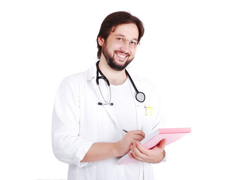 Young male doctor is preparing a receipt