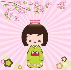 Fototapeta premium Kokeshi japanese doll card pink floral background