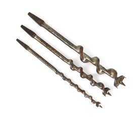Three antique hand brace traditional auger drill bits