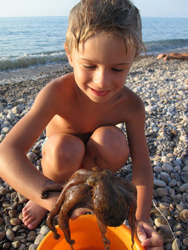 bambino con polpo sulla spiaggia