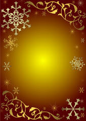 Red christmas background with golden and silvery snowflakes