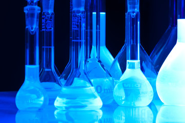 test tubes in blue light