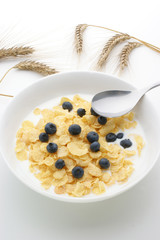 Muesli milk and blueberries in a white bowl