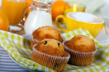 breakfast with muffin,coffee,milk  and orange juice