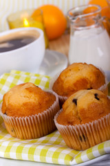 breakfast with muffin,coffee,milk  and orange juice