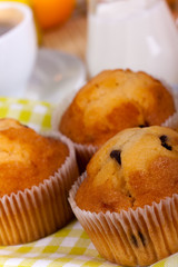 breakfast with muffin,coffee,milk  and orange juice