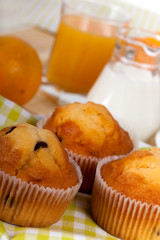 breakfast with muffin,coffee,milk  and orange juice