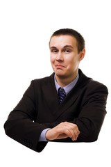 handsome bussiness man lean on blank surface