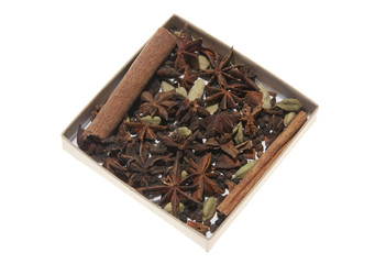 A collection of various spices in a box