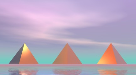 Three pyramids at the edge of the water with a purple blue sky