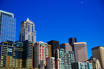 city skyline( Seattle, Washington ) with blue-sky and plane