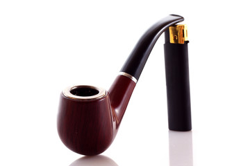 Pipe and lighter on  white background
