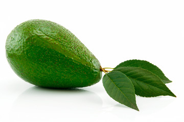 Ripe Avocado With Green Leaf Isolated on White