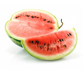 Half and Section of Ripe Sliced Green Watermelon Isolated on Whi