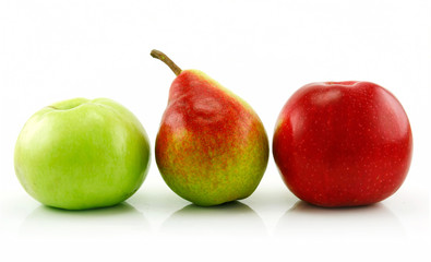Ripe Apples and Pear in a Row Isolated on White