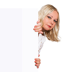 woman with white paper in front of the white background