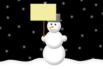 Schneemann mit Schild bei Nacht