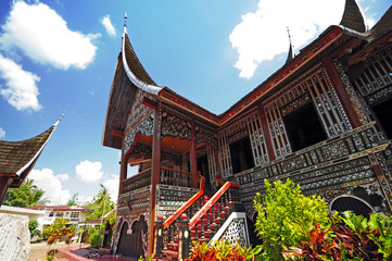 Rumah Gadang or Big house architecture in Padang, West Sumatra - obrazy, fototapety, plakaty