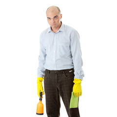 Businessman holding a cleaning accessories