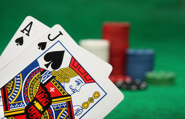 A winning blackjack hand with gambling chips - obrazy, fototapety, plakaty