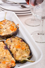 stuffed with cheese aubergines in a dish