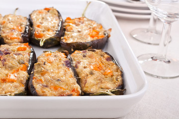 stuffed with cheese aubergines in a dish