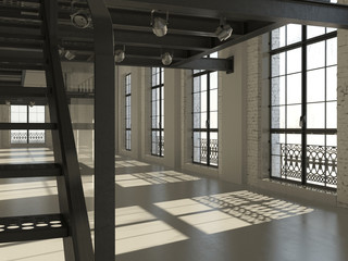 White minimalist loft interior (3D render)