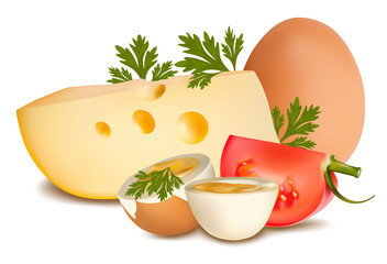 Vector illustration. Cheese with tomato and boiled egg