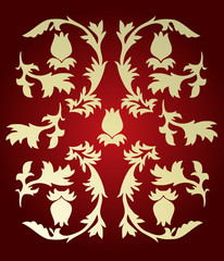 vector ornament In leaves style golden color on red