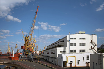 Fototapeta na wymiar View on the port with loading cargo ship