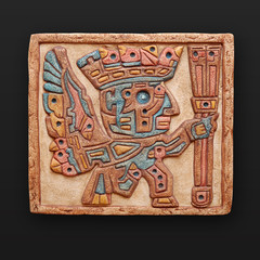 Stone frieze from sun gate in Tiauanaco bolivia latin america