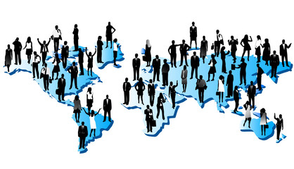 Illustration of business people and map