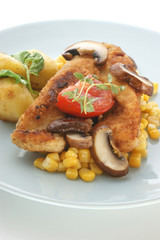 grilled carp fillet on organic potato with vegetable
