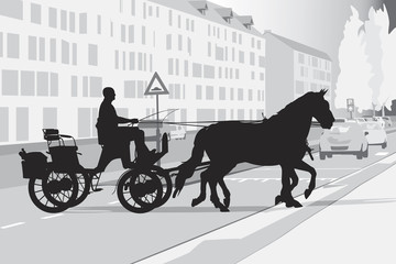 two horse-drawn carriage on the street - 16661751