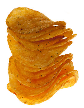stacked salty adn spicy popato crisps chips isolated on white