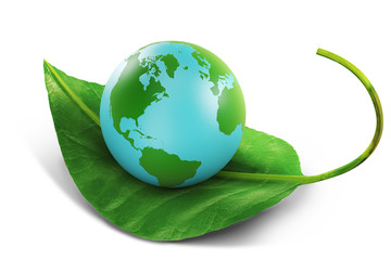Earth globe sitting on a green leaf