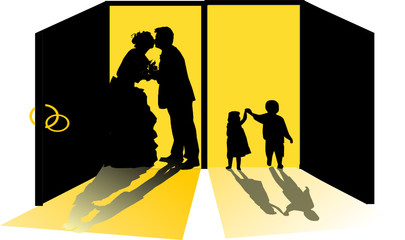 couple and children silhouettes in doorway