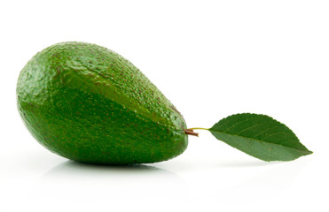 Ripe Avocado With Green Leaf Isolated on White