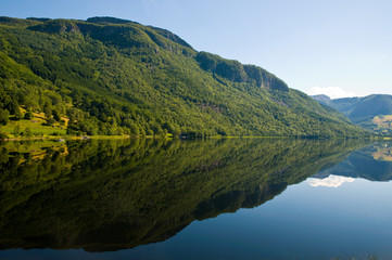 Fjord mit Wasserspiegelungen in Norwegen