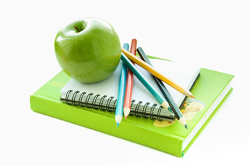 apple, pencils and book