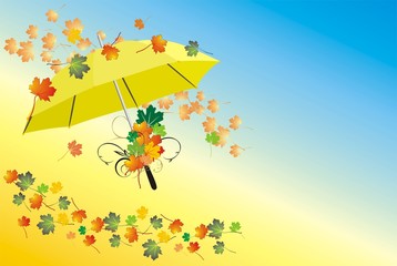Umbrella and varicolored leaves. Vector