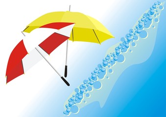 Two umbrellas and wave. Vector
