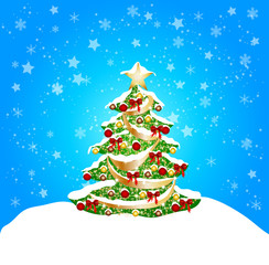 blue christmas background with snow and coorful tree