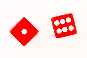 2 Dice close up - showing the numbers 1 and 6 isolated